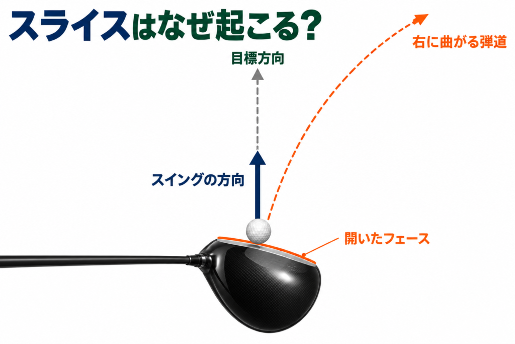 スイングの方向に対してフェースが開き、ボールが右に曲がる仕組みの図解