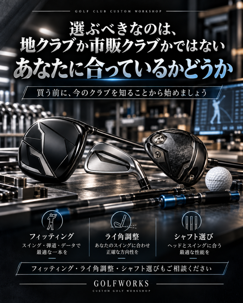 選ぶべきなのは地クラブか市販クラブかではなく、あなたに合っているかどうか。GOLFWORKSのフィッティング・ライ角調整・シャフト選び