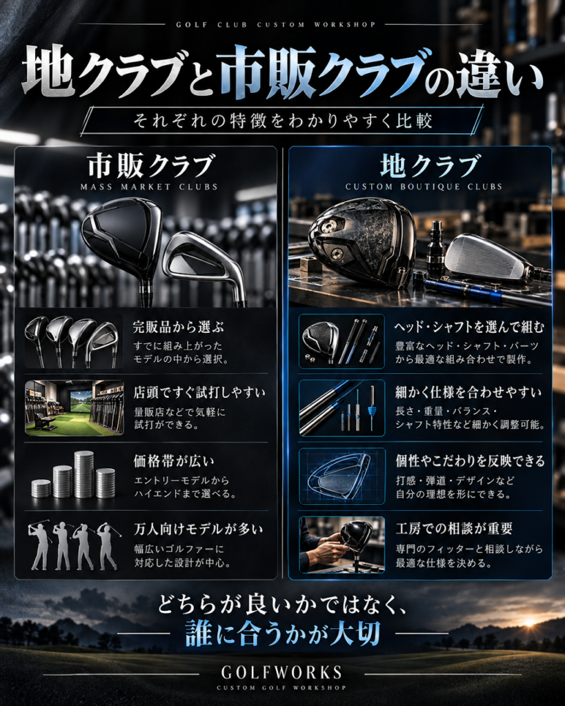 地クラブと市販クラブの違いを比較。市販クラブは完成品から選ぶ、地クラブはヘッドとシャフトを選んで組む