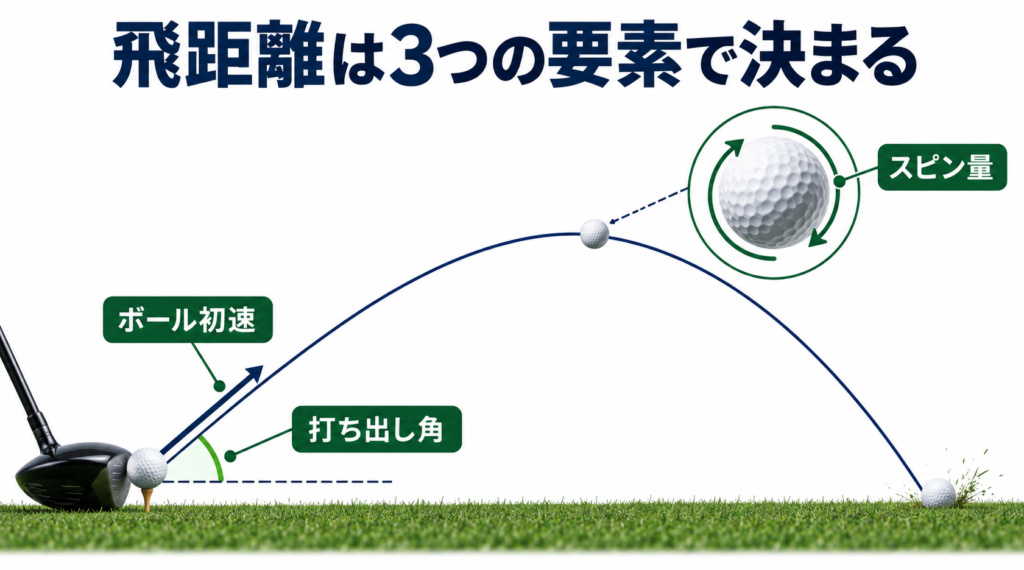飛距離を決める3つの要素：ボール初速・打ち出し角・スピン量の図解
