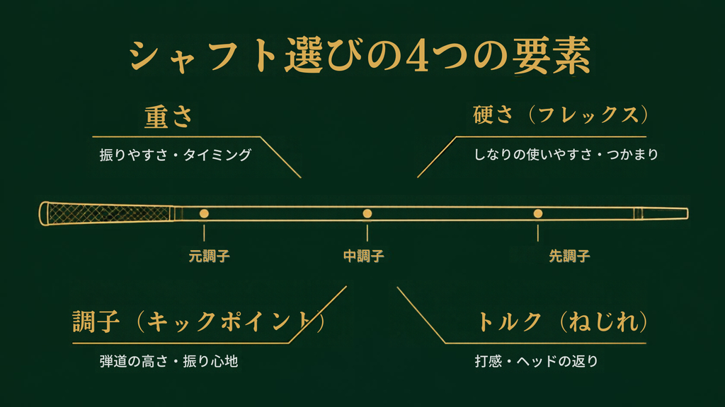 シャフト選びの4つの要素（重さ・硬さ・調子・トルク）